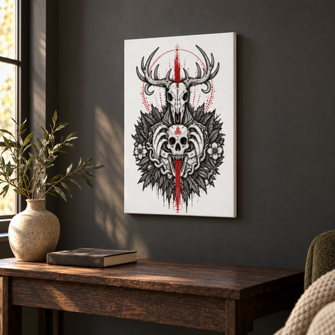 Gothic Forest Totem 12 by 18 inch thin canvas displayed on a charcoal wall above a wooden console in a sunlit reading nook