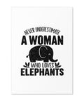 White 5.83 × 8.27 inch Elephant Lover greeting card with one bold black elephant silhouette and lettering on the front.