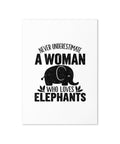 White 5 × 7 inch Elephant Lover greeting card with one bold black elephant silhouette and lettering on the front.