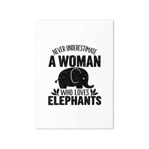 White 5 × 7 inch Elephant Lover greeting card with one bold black elephant silhouette and lettering on the front.