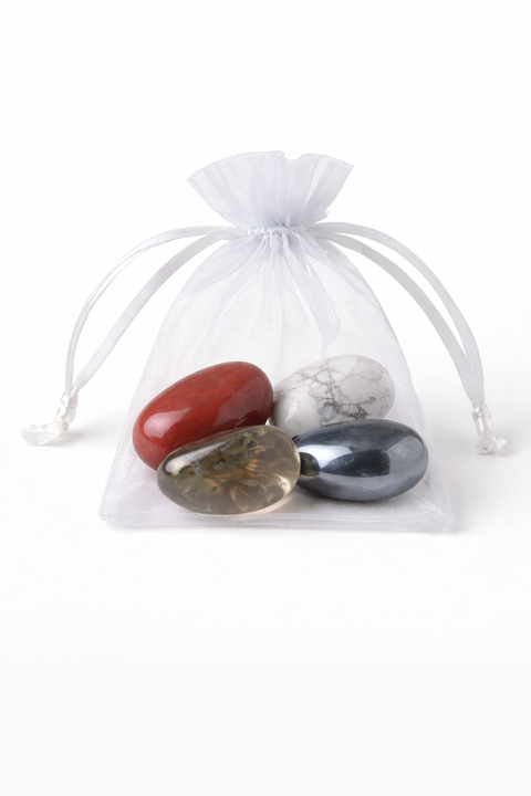 Body Support & Stress Ease Crystal Set – Red Jasper, Howlite, Hematite & Smoky Quartz