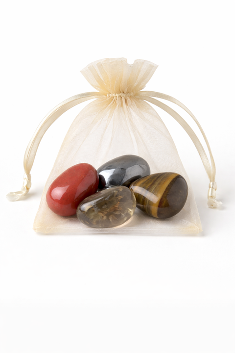 Grounding Crystal Kit – Red Jasper, Hematite, Tiger’s Eye & Smoky Quartz