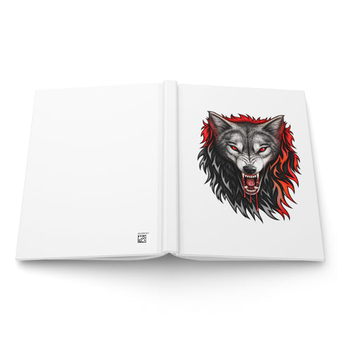 Red-Eyed Wolf matte hardcover journal with white cover and 150 lined pages