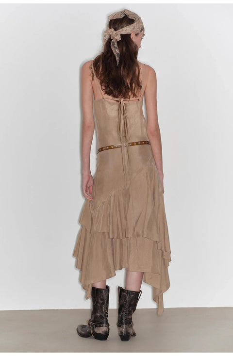 "Heart - beating Invitation" Lazy copper - ammonia rayon V - neck irregular adjustable mid - length suspender dress