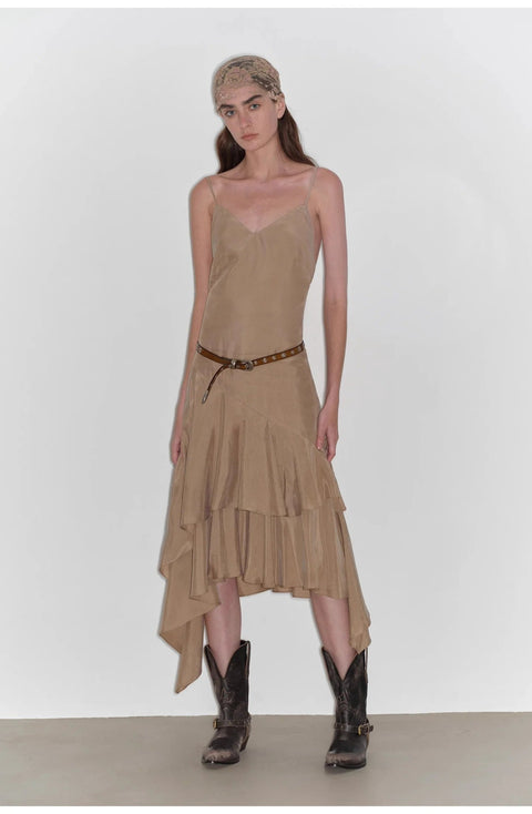 "Heart - beating Invitation" Lazy copper - ammonia rayon V - neck irregular adjustable mid - length suspender dress