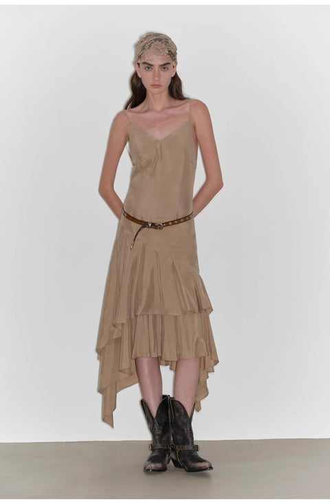 "Heart - beating Invitation" Lazy copper - ammonia rayon V - neck irregular adjustable mid - length suspender dress