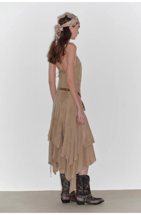 "Heart - beating Invitation" Lazy copper - ammonia rayon V - neck irregular adjustable mid - length suspender dress