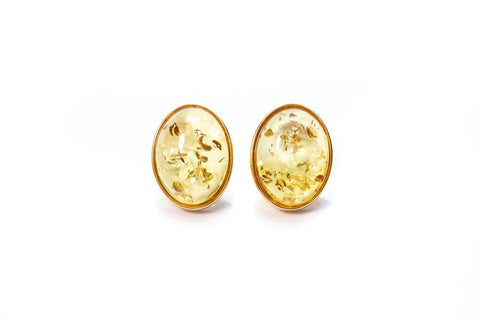 Boucles d'oreilles ovales à clous en ambre et or, motif agrumes.