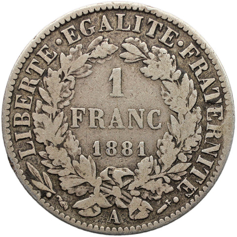 1881 A One Franc France Coin Silver Paris Mint