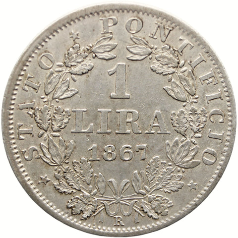1867 1 Lira Papal Coin Italy States Pius IX Silver