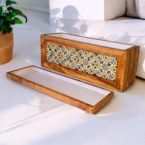 Handgefertigter Pflanzkasten aus Olivenholz mit Fliesen / Blumenkasten für drinnen und draußen / Haus und Garten