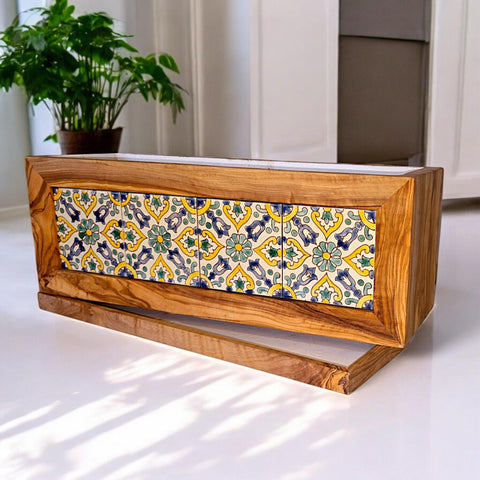 Handgefertigter Pflanzkasten aus Olivenholz mit Fliesen / Blumenkasten für drinnen und draußen / Haus und Garten