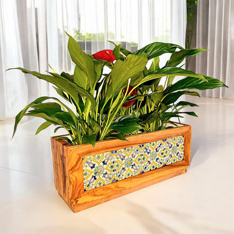 Olive Wood Handmade Wooden Planter with Tiles/Indoor and Outdoor Flower Box/Home and Garden