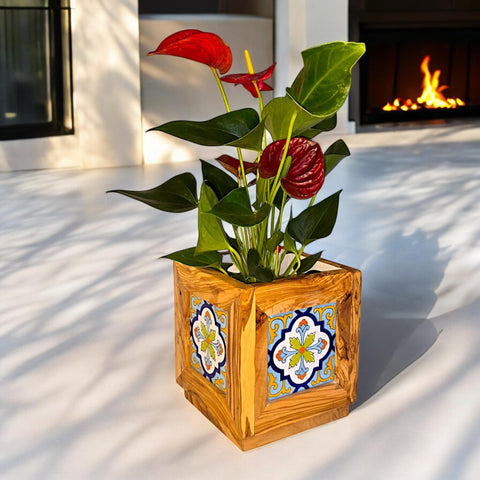 Handgefertigter Pflanzkasten aus Olivenholz mit Fliesen / Blumenkasten für drinnen und draußen / Haus und Garten