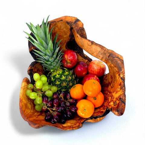 Rustic olive wood basket fruit , master piece, centrepiece