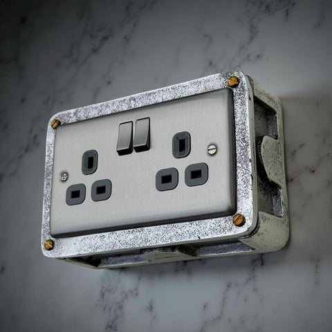 Brushed Steel Double Switched 13A Power Socket Grey Insert 230V 2 Gang 2G Socket Cast Metal Conduit Industrial