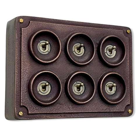 6 Gang 2 Way Antique Copper Solid Cast Metal Conduit Light Switch Industrial - Vintage Crabtree Style