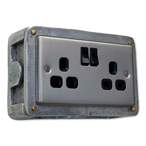 Brushed Steel Double Switched 13A Power Socket 230V 2 Gang 2G Socket Cast Metal Conduit Switch Industrial - BS EN Approved Vintage