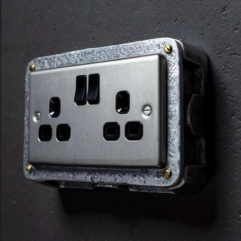 Brushed Steel Double Switched 13A Power Socket 230V 2 Gang 2G Socket Cast Metal Conduit Switch Industrial - BS EN Approved Vintage