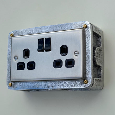 Brushed Steel Double Switched 13A Power Socket 230V 2 Gang 2G Socket Cast Metal Conduit Switch Industrial - BS EN Approved Vintage