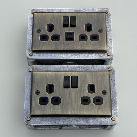 Antique Brass Double Switched 13A Power Socket 230V 13A 2 Gang 2G  Solid Cast Metal Conduit Industrial