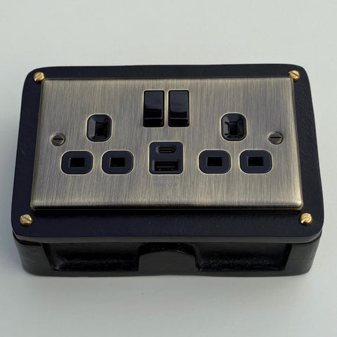Antique Brass Double Gang Plug Socket with Industrial Black Cast Back Conduit Box