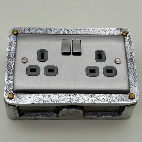 Brushed Steel Double Switched 13A Power Socket Grey Insert 230V 2 Gang 2G Socket Cast Metal Conduit Industrial