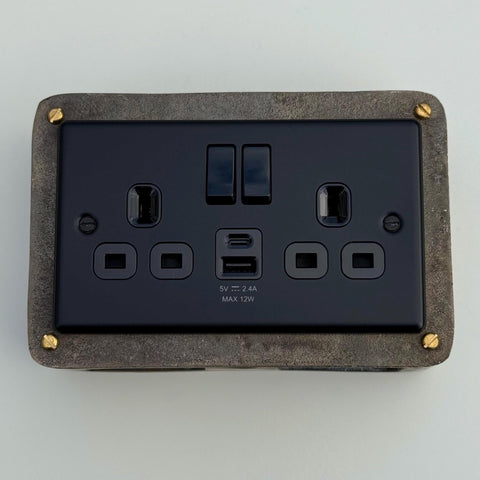 Matt Black Double Gang Plug Socket with Industrial Antique Brass Back Conduit Box