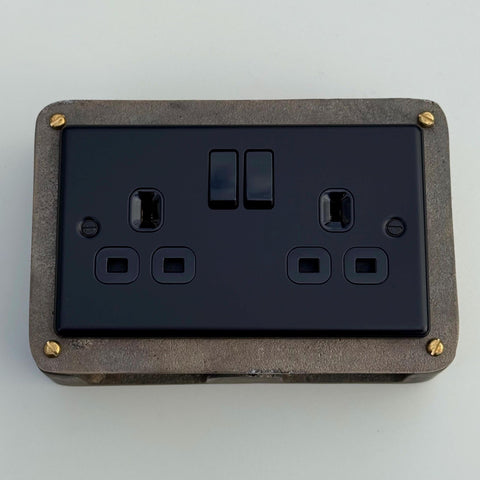 Matt Black Double Gang Plug Socket with Industrial Antique Brass Back Conduit Box