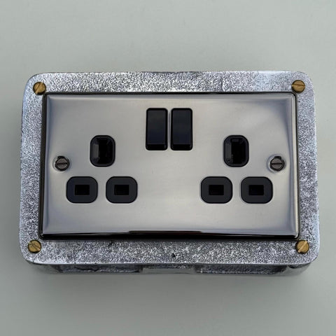 Black Nickel Double Switched 13A Power Socket 230V 13A 2 Gang 2G Solid Cast Metal Conduit Switch Industrial