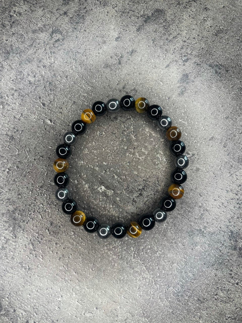 Dreifachschutz - Perlenarmband; schwarzer Obsidian, Tigerauge und Hämatit