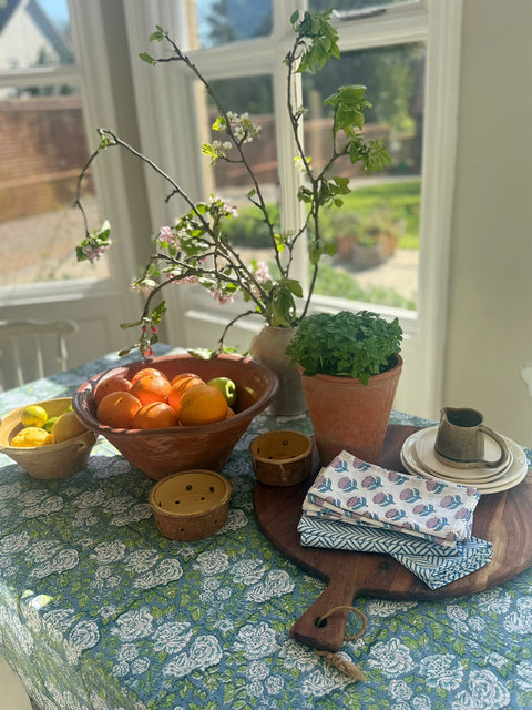 IN BLOOM BLUE hand block printed tablecloth