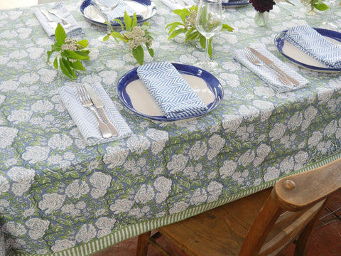 IN BLOOM BLUE hand block printed tablecloth