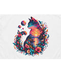 Sunset Cat indoor wall tapestry, 26 by 36 inches, original colourful cat silhouette centred on white – display view 1