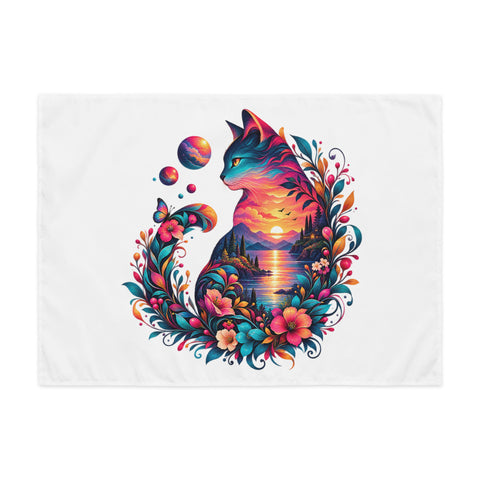 Sunset Cat indoor wall tapestry, 26 by 36 inches, original colourful cat silhouette centred on white – display view 1