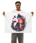 Sunset Cat indoor wall tapestry, 26 by 36 inches, original colourful cat silhouette centred on white – display view 2