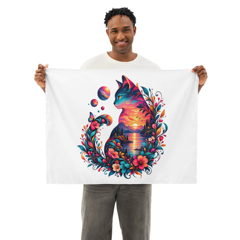 Sunset Cat indoor wall tapestry, 26 by 36 inches, original colourful cat silhouette centred on white – display view 2