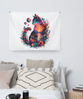 Sunset Cat indoor wall tapestry, 26 by 36 inches, original colourful cat silhouette centred on white – display view 3