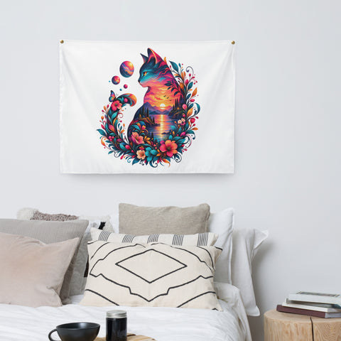 Sunset Cat indoor wall tapestry, 26 by 36 inches, original colourful cat silhouette centred on white – display view 3