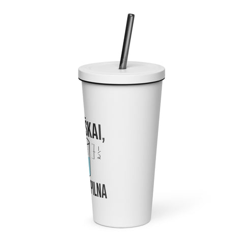 Techniškai Visada Pilna insulated straw tumbler in White, 20 oz, original Lithuanian water-and-air science graphic – view 4