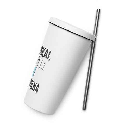 Techniškai Visada Pilna insulated straw tumbler in White, 20 oz, original Lithuanian water-and-air science graphic – view 20