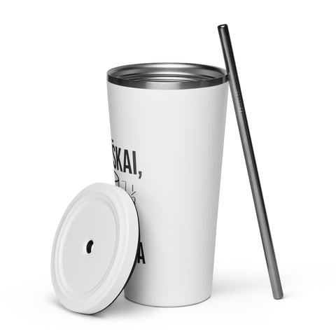 Techniškai Visada Pilna insulated straw tumbler in White, 20 oz, original Lithuanian water-and-air science graphic – view 12