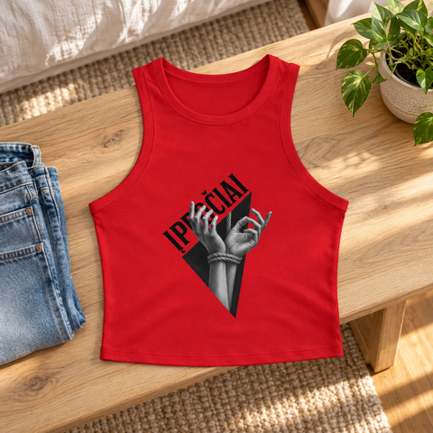 Red Įpročiai graphic racer tank laid flat on a wooden bench beside blue jeans and a green plant in natural daylight.
