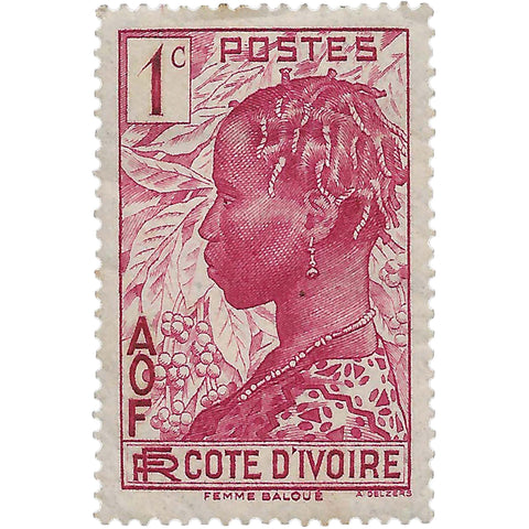 Ivory Coast Stamp 1936 1 French centime Baoule woman & coffee branches