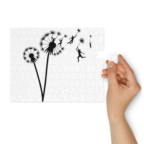 Dandelion Flight 110-piece jigsaw puzzle with metal tin, original silhouettes floating on dandelion seeds on white – view 3