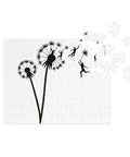 Dandelion Flight 110-piece jigsaw puzzle with metal tin, original silhouettes floating on dandelion seeds on white – view 2