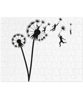 Dandelion Flight 110-piece jigsaw puzzle with metal tin, original silhouettes floating on dandelion seeds on white – view 1