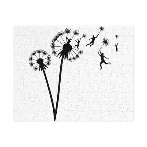 Dandelion Flight 110-piece jigsaw puzzle with metal tin, original silhouettes floating on dandelion seeds on white – view 1