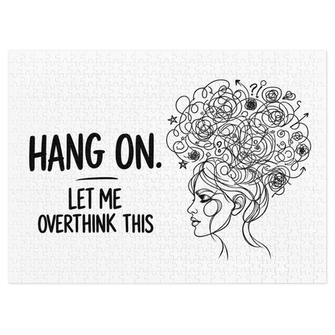 Let Me Overthink This 500-piece jigsaw puzzle with complete black lettering and tangled-thought woman illustration – view 1