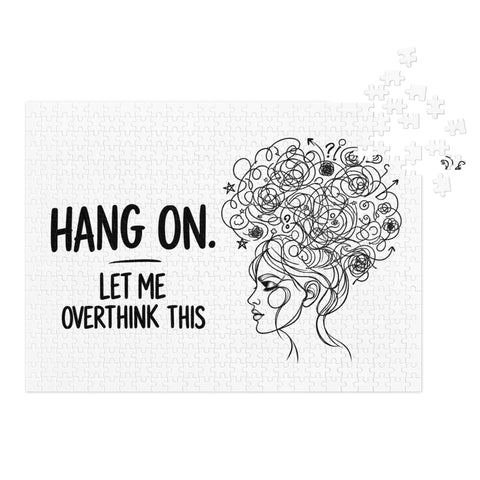 Let Me Overthink This 500-piece jigsaw puzzle with complete black lettering and tangled-thought woman illustration – view 2